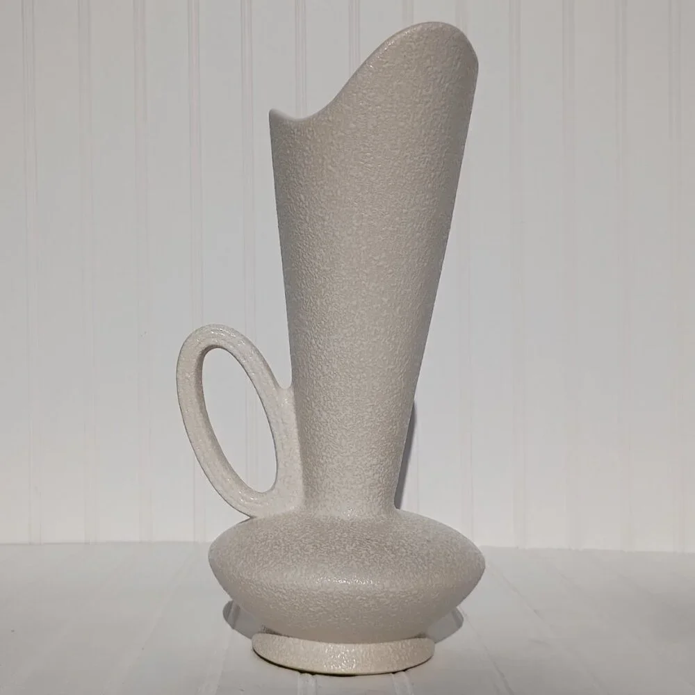 Mid-Century Modern White Textured Ceramic Pitcher Vase Asymmetrical Vintage MCM